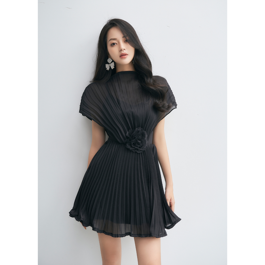 Đầm Voan Dập Ly Đính Hoa Màu Đen - XIPI