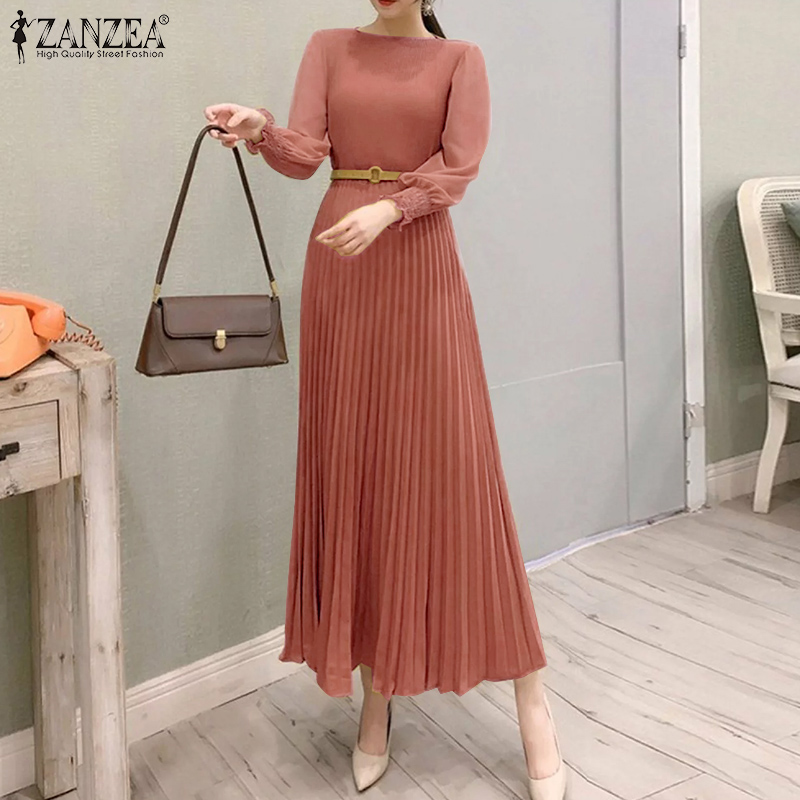 ZANZEA%20Korean%20Style%20Womens%20Elegant%20Crew%20Neck%20Lantern%20Sleeves%20Midi%20Dress%20OL%20Work%20Solid%20Pleats%20A-Line%20Dresses%20-%20Image%202