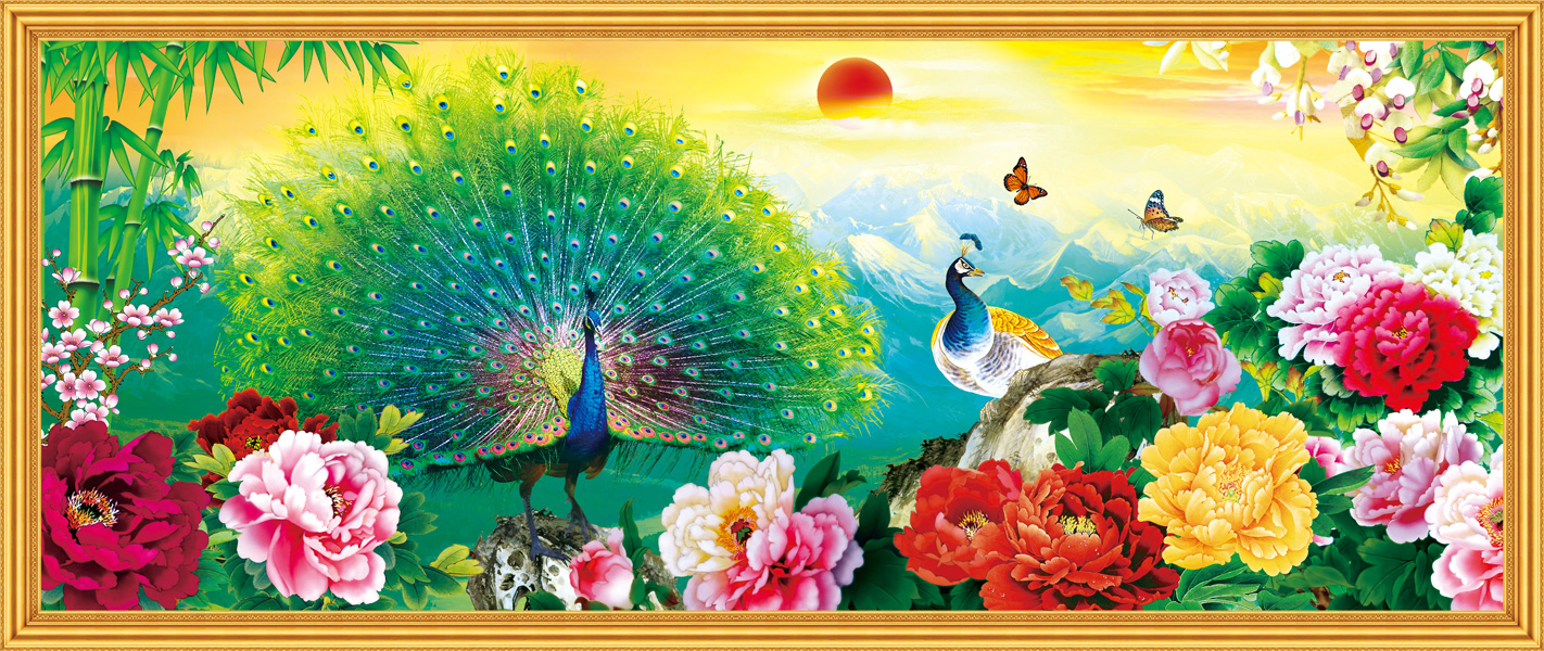 Tranh dán tường phong thủy VTC đôi chim công bên hoa mẫu đơn VT175(Xanh lá thẫm)