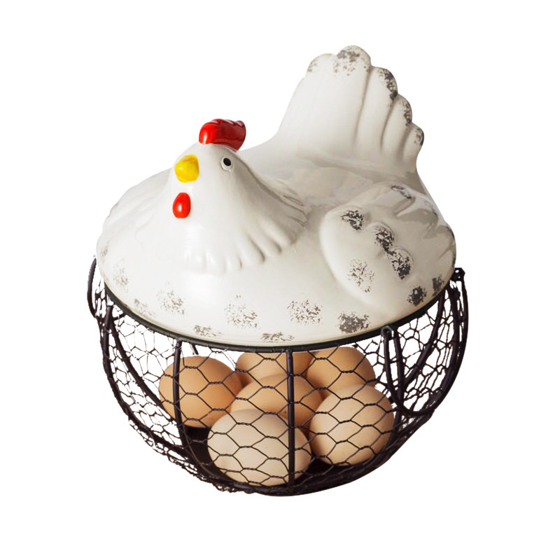 Ceramic egg basket Fruit basket Garlic potato sundries Blue ceramic kitchen decoration Creative hen storage iron woven basket