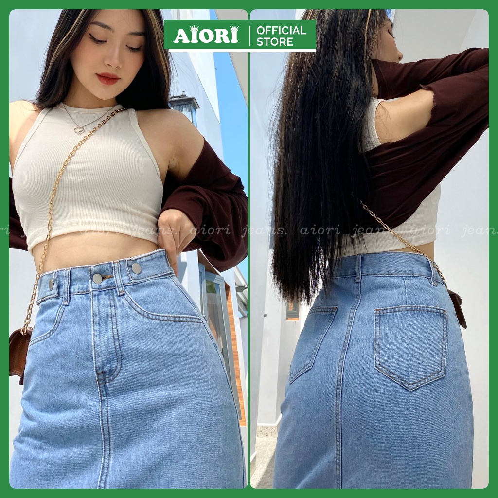 Chân Váy Jean Denim AIORI Thiết Kế Midi Dài Xẻ Tà Lưng Cao Dáng Chữ A Cạp Cao Thời Trang_Mã V005