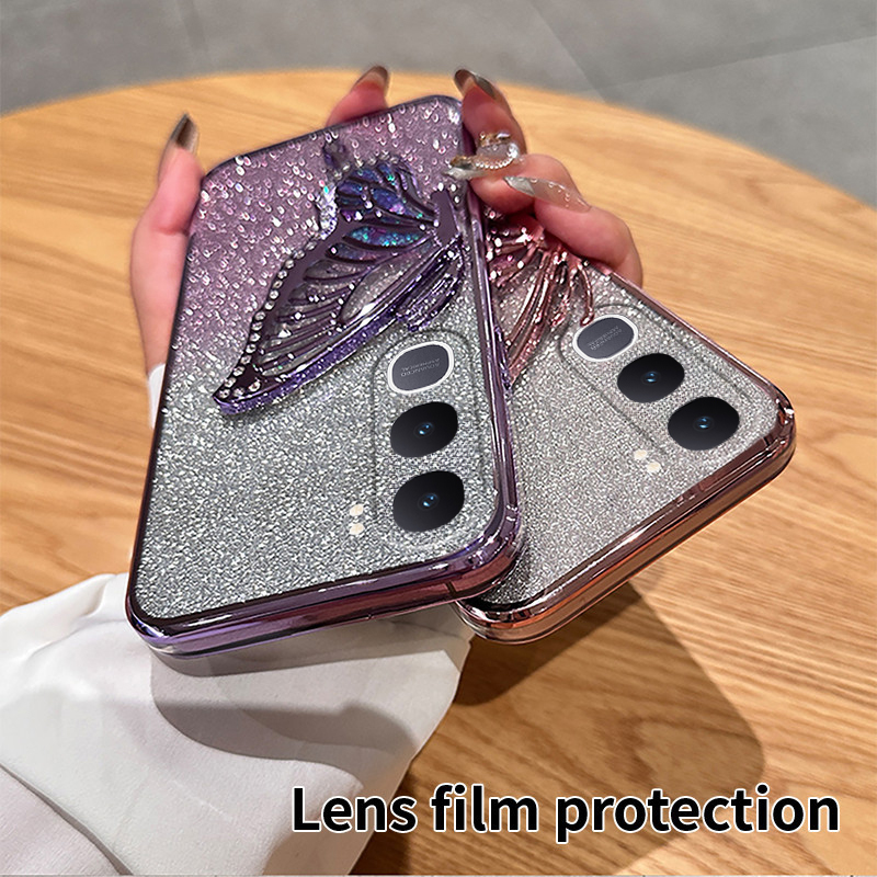 Phone case Vivo Y21D Y31 5G Back cover Diamonds butterfly holder shiny hourglass of quicksand transparent soft silicone For Vivo Y31 5G Y21D case.
