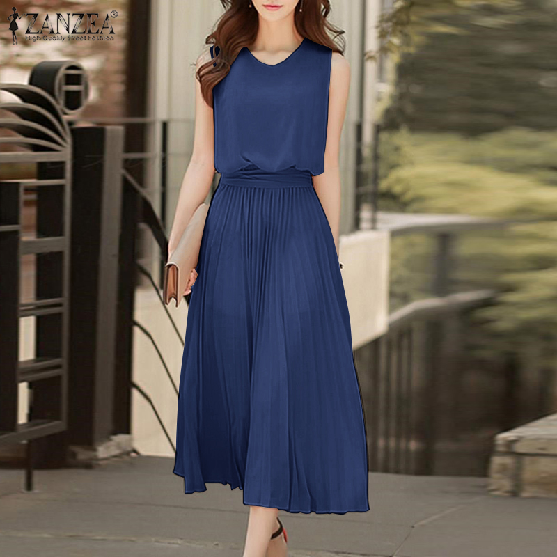 Top★ váy ba lỗ midi dáng chữ a xếp ly trơn cổ tròn không tay cho nữ #11 925