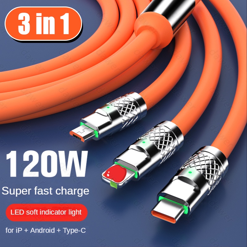 Dây Cáp Sạc Nhanh 6A 120W 3 Trong 1 Cho IPhone Micro Usb Type C