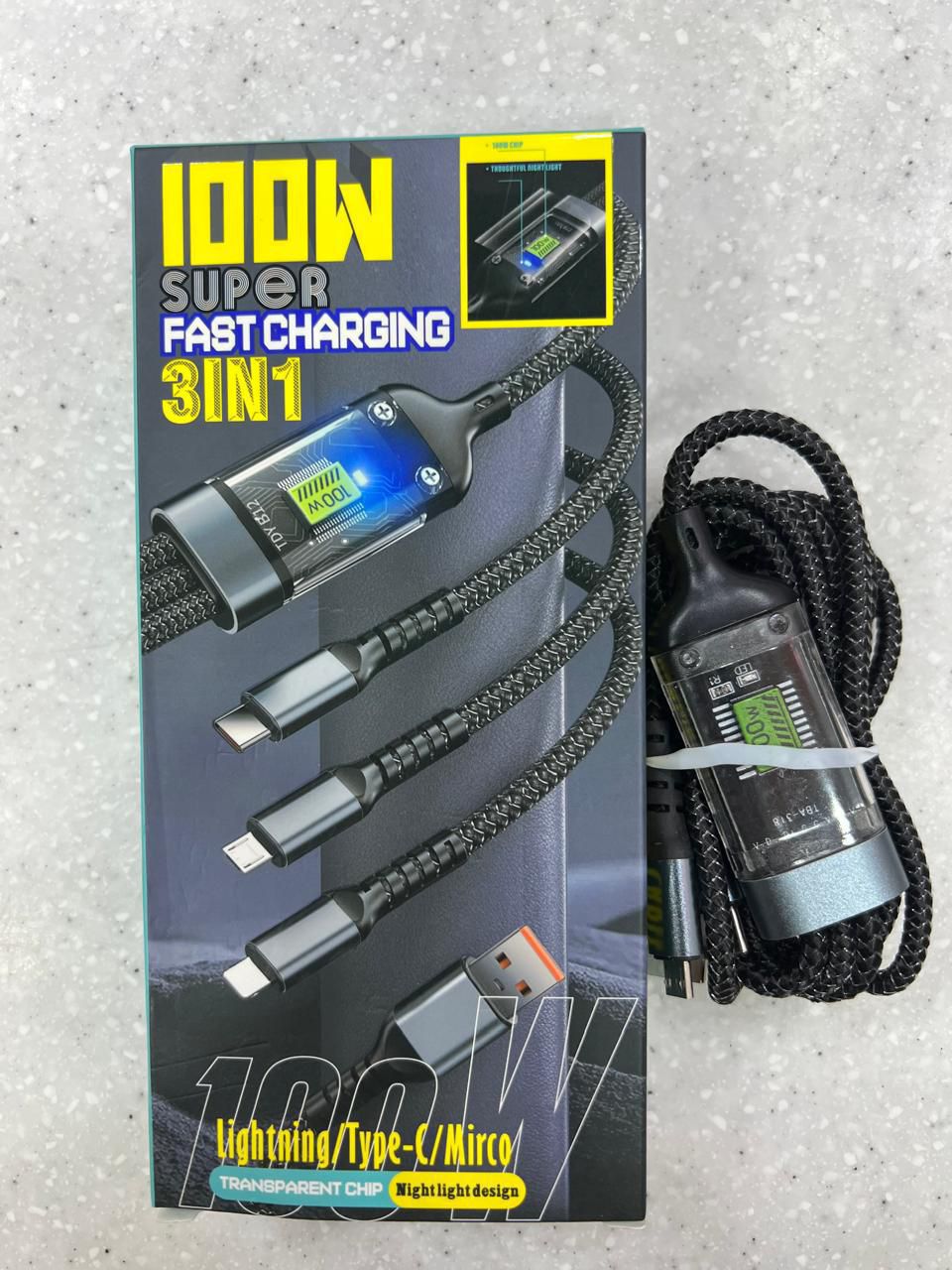 3 in 1 100W Fast Charging Data Cable Automatic Switch Off System. 