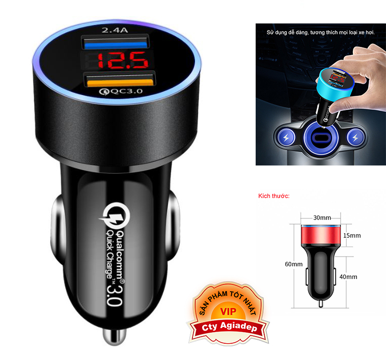Tẩu sạc oto xe hơi xịn qualcomm qc3.0 2 cổng usb