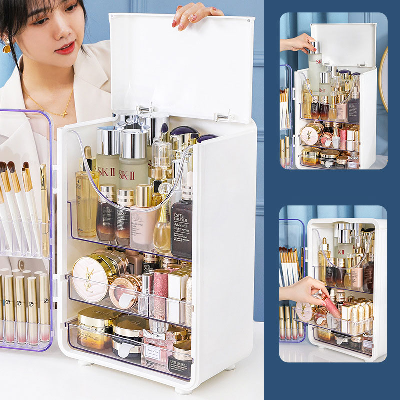 shelf Desktop transparent dustproof storage cabinet Large capacity storage cabinet Storage box, multipurpose cosmetic storage box, cosmetic box shelf and drawer desk storage box Cosmetic storage cabinet Desktop dustproof storage box Skin care product stor