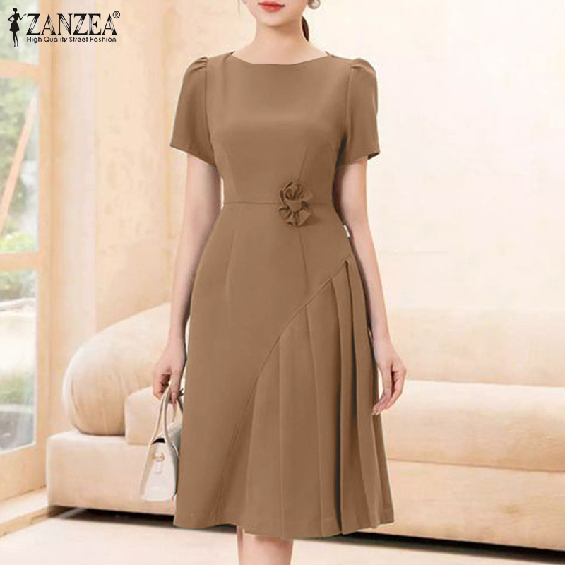 ZANZEA%20Korean%20Style%20Women's%20Dresses%20New%20Fashion%20Puff%20Short%20Sleeve%20Solid%20Back%20Zipper%20Elastic%20Waist%20A-Line%20Dress%20-%20Image%203