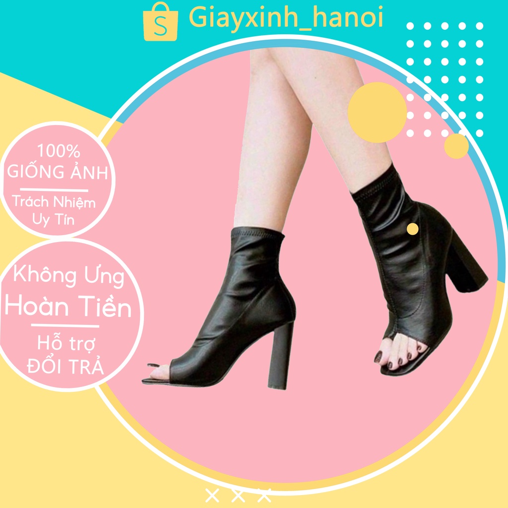 Bốt nữ hở mũi chất da li nhăn, Giày bốt nữ cao cổ chất da mềm, đế dẻo cao 7 phân có khóa kéo sau hot