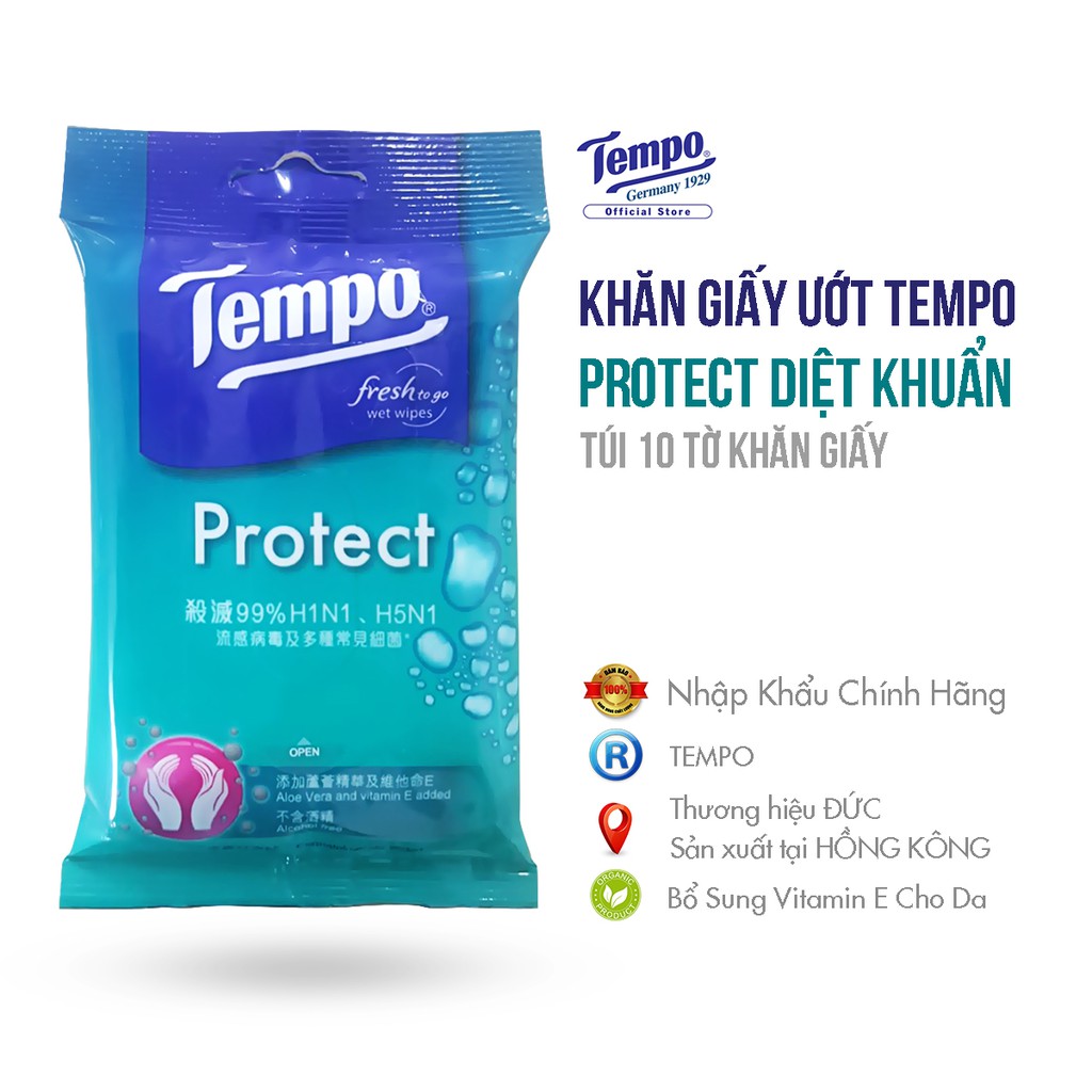 Khăn giấy ướt TEMPO Protect Wet Wipes (Bịch 10 Tờ)