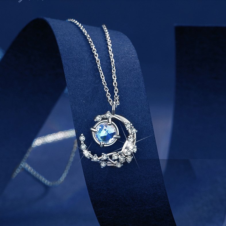 Vòng cổ bạc nữ vầng trăng đá hồng, vòng cổ bạc s925 - db2637 - bảo ngọc jewelry