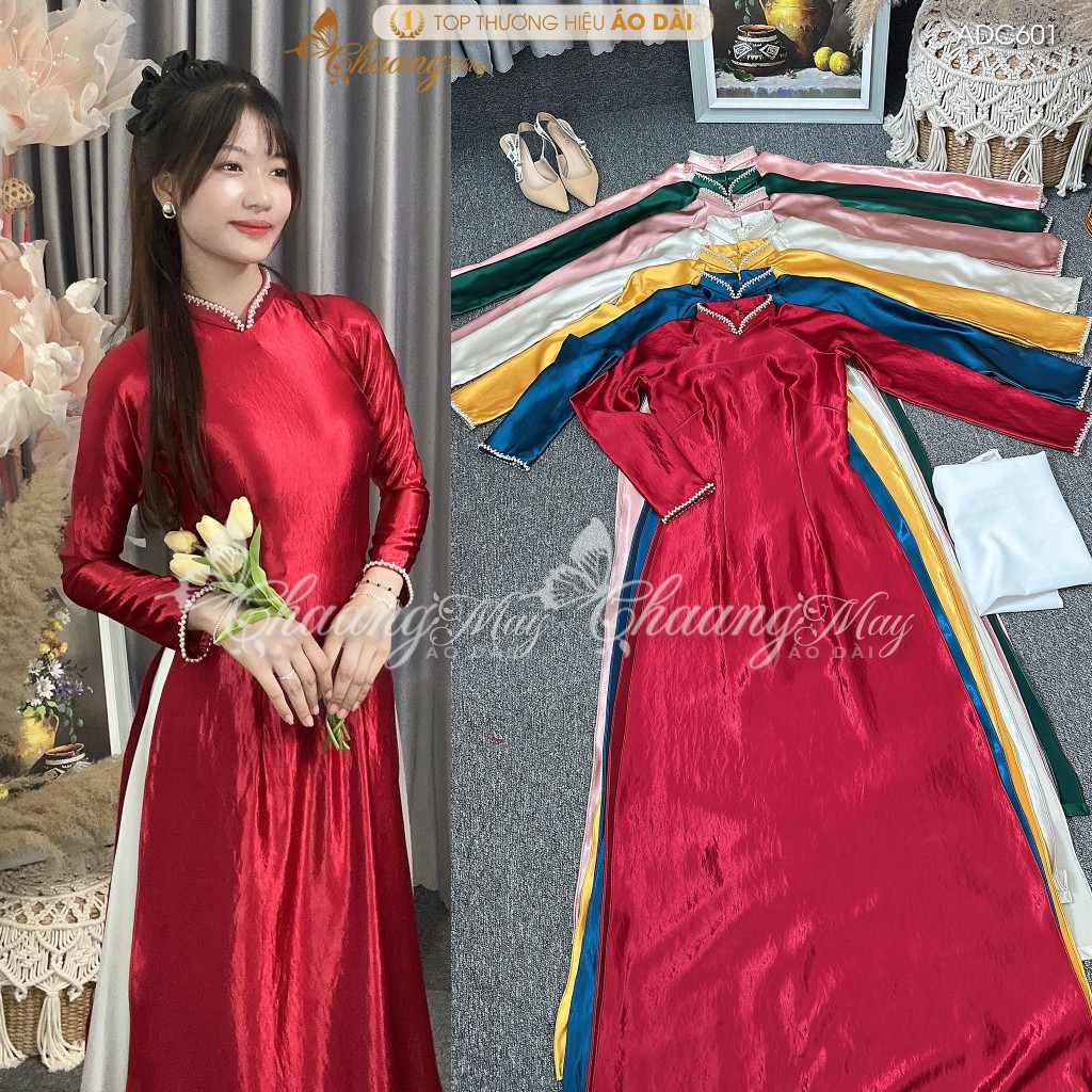 Áo dài truyền thống Lụa bóng tráng gương Satin may sẵn ADC601 cổ đính ngọc dự tiệc cưới lễ Tết đẹp