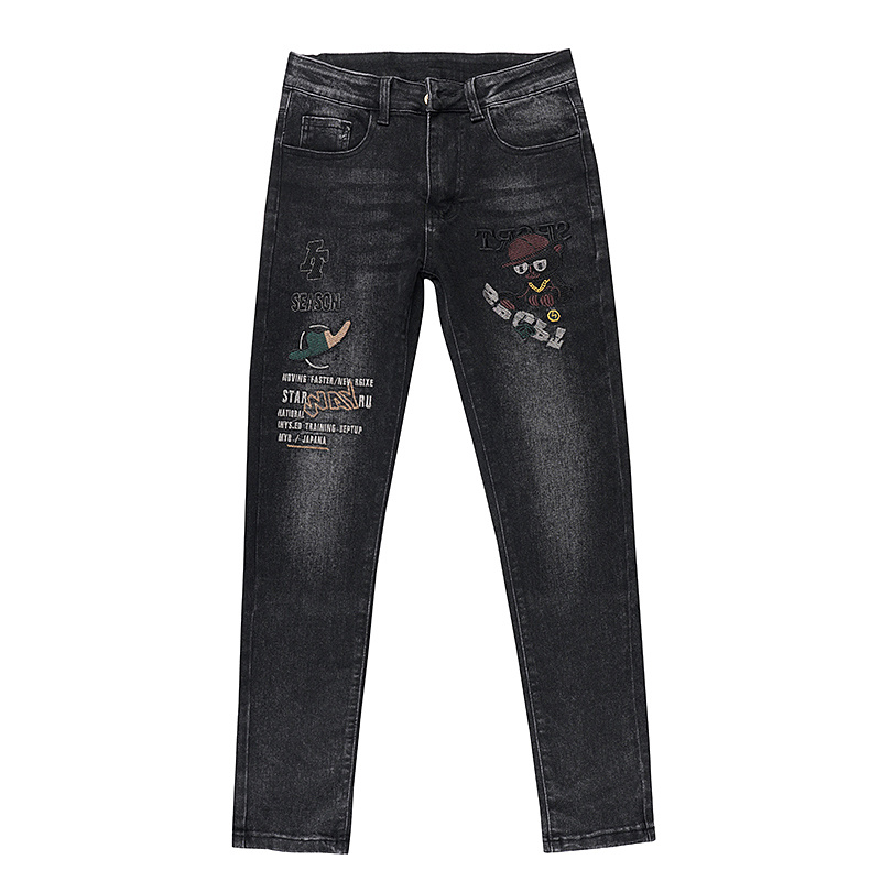 New Men's Embroidered Jeans Slim Fit Elastic Straight Leg Pants