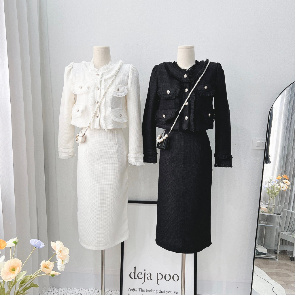 Set dạ tua rua váy dáng dài thiết kế tiểu thư