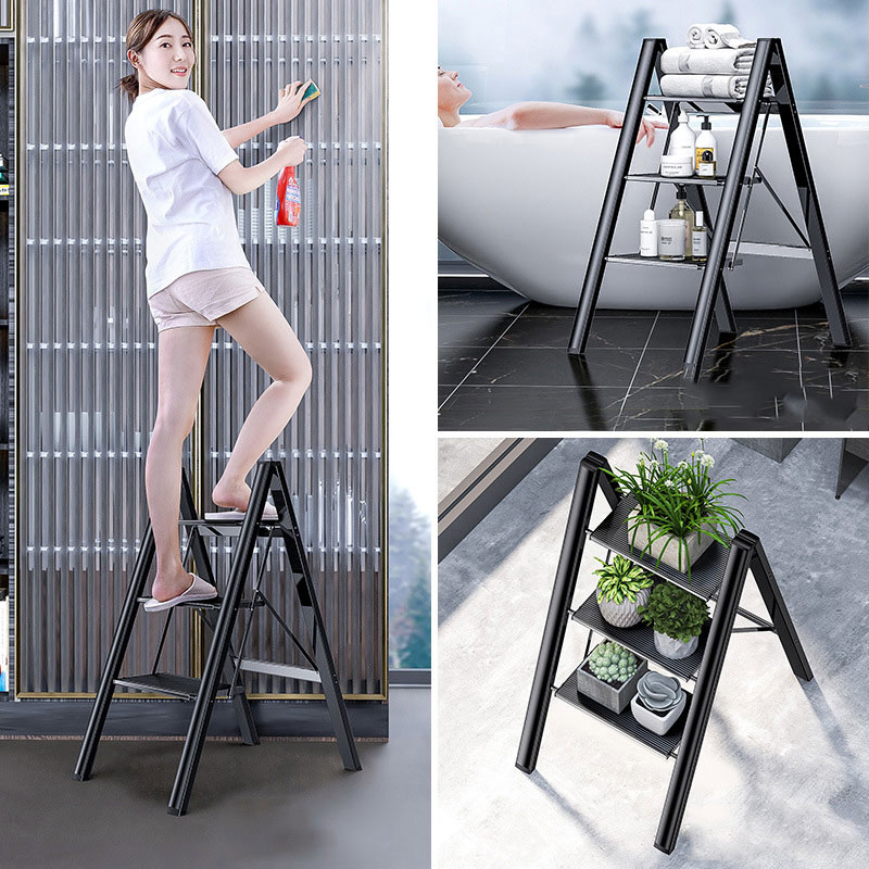 Household multi-functional folding ladder thickened aluminum alloy herringbone ladder trellis three-step staircase portable small stepladder stool