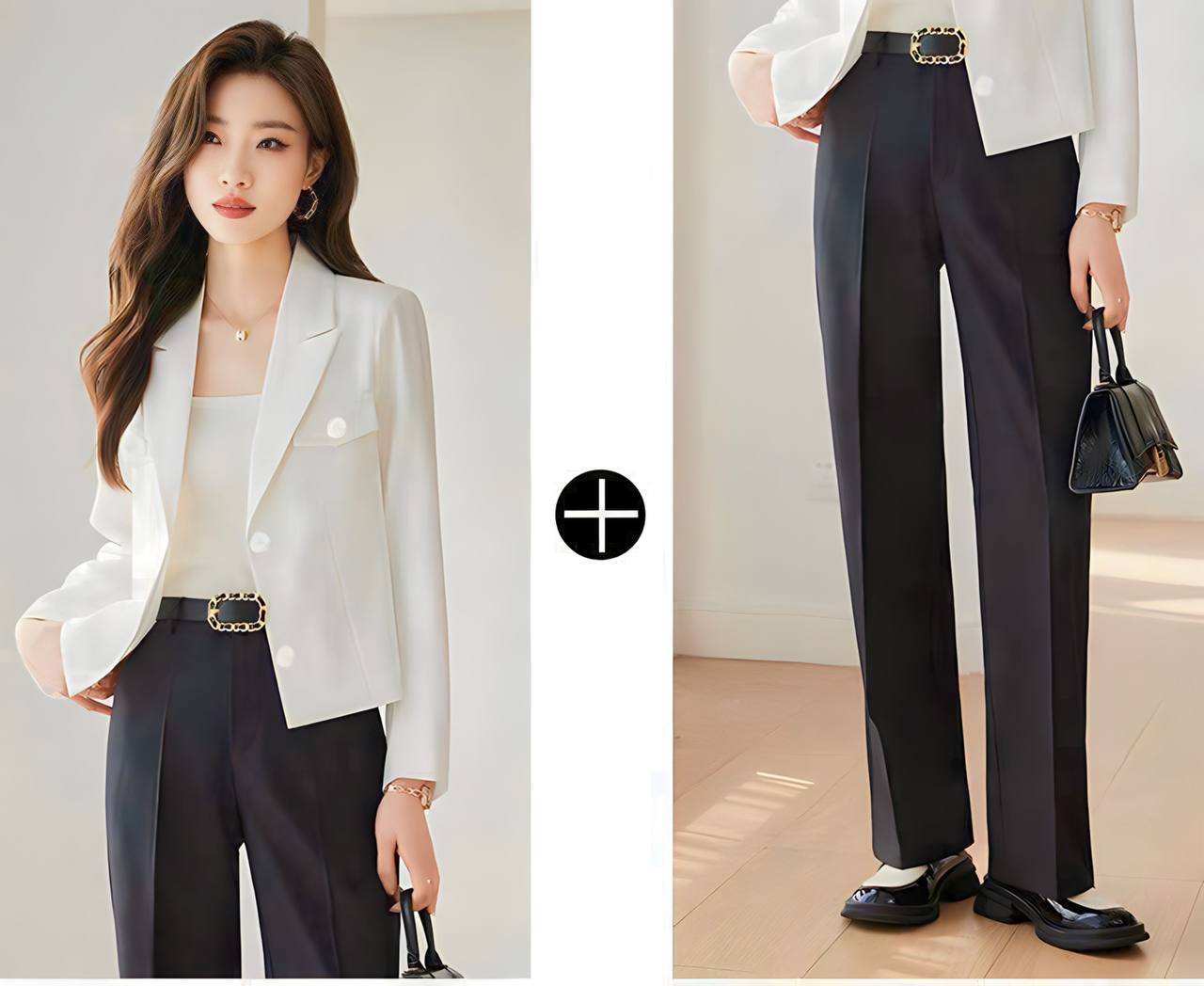Set bộ vest nữ phối nút dáng dài trắng đen cao cấp công sở thanh lịch chụp ảnh by4639