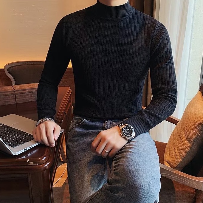 Sweater Men's Korean Version Slim-Fit Long-Sleeved Striped Round Neck Inner Top Autumn Winter Turtleneck Warm Bottoming209_voghion.com