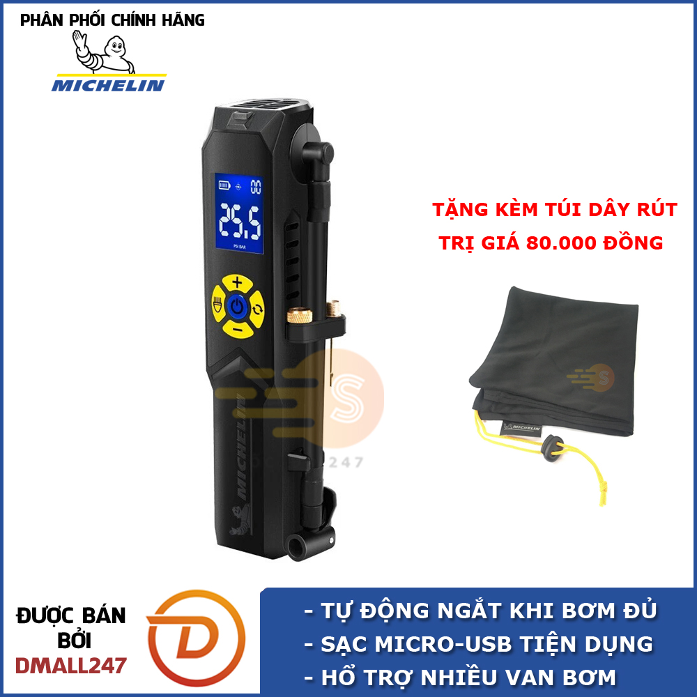 Máy bơm lốp mini đa năng tự ngắt Michelin 3321 và Bơm lốp xe mini dùng pin sạc Michelin - Bơm xe đạp, xe máy, ô tô, bóng, xe hơi 4 bánh, có đèn LED, nhỏ gọn, thông minh, sạc Micro USB- Dmall247