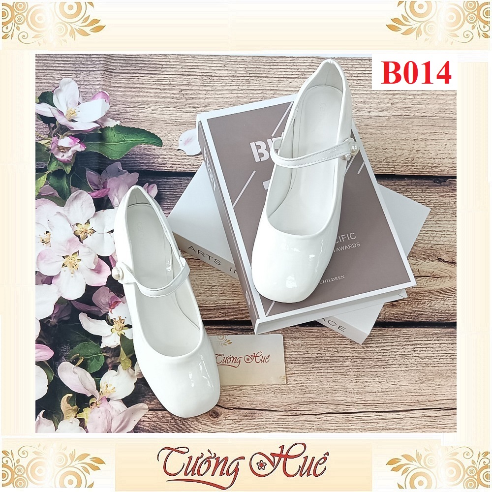 Giày búp bê da bóng mũi vuông quai ngang đính ngọc trai gót cao 6cm