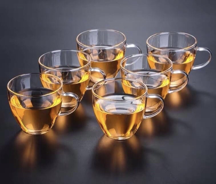 Combo 6 đĩa thủy tinh lota tách và 6 chén đáy trụ có quai uống trà