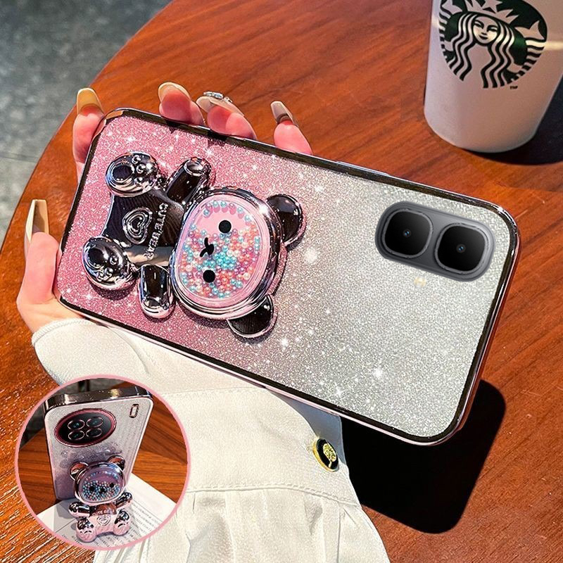 New Phone case infinix Smart10 Plus Back cover with Gradient 3D Bear Folding Stand Bracket Luxury Slim Plating Glitter Girls For infinix Smart 10+ case. 