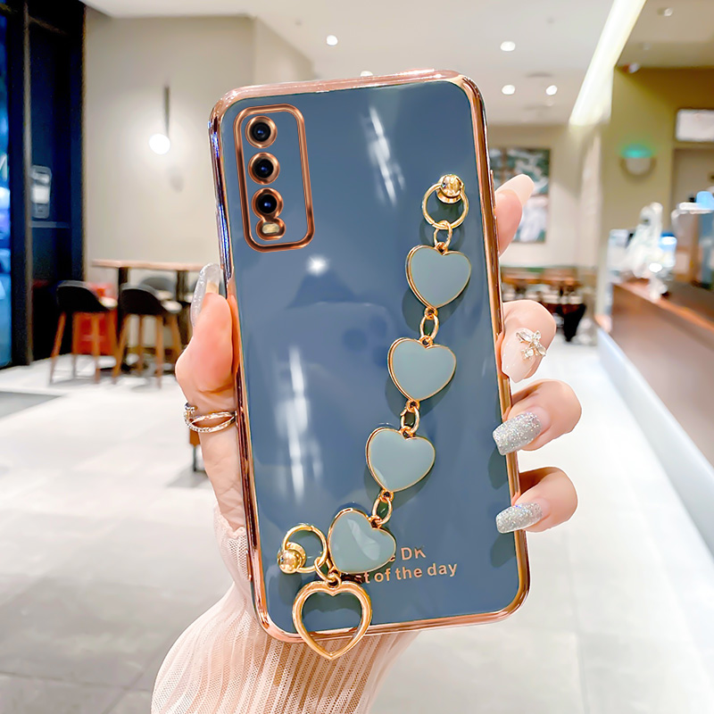 For Vivo Y20 2021 Back Cover with 3D Love Heart Wristband Chain Fashion Bracelet Shiny Plating Phone Case Soft Silicone Bumper Protective Cover. 