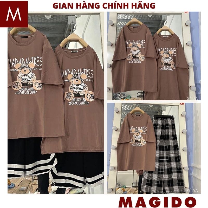 Áo thun unisex nâu hình gấu -áo phông nữ dáng dấu quần cực xinh -MAGIDO