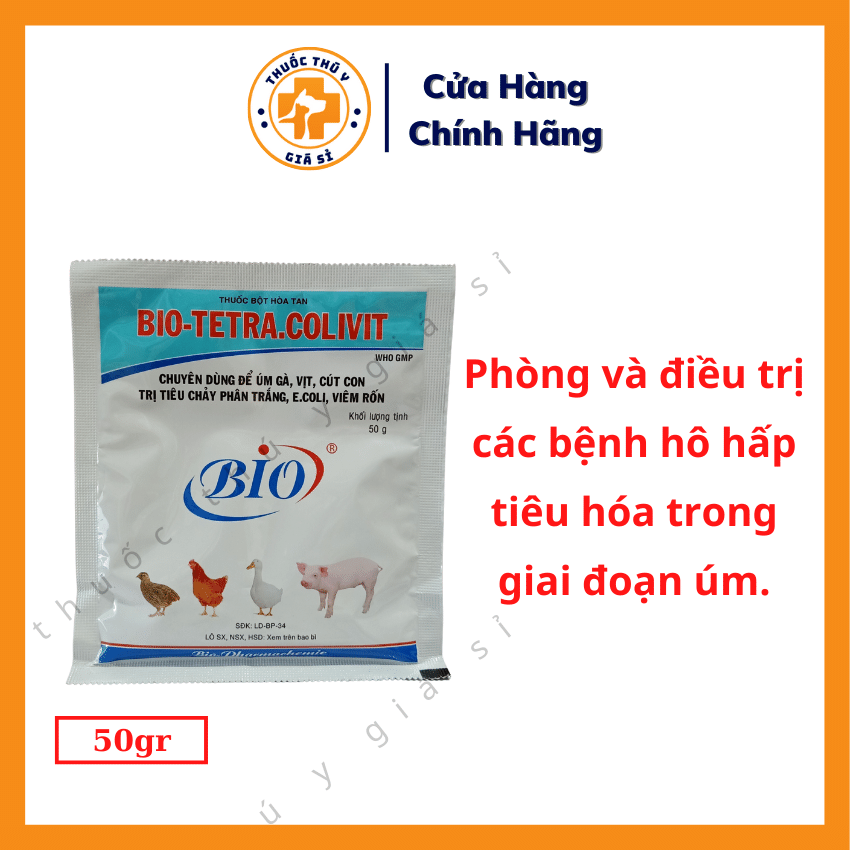"Hoàn tiền đến 10%" Bio Tetra Colivit 50g - Trị Bệnh Tiêu Chảy Phân Trắng, E.coli, Viêm Rốn, Chuyên Dùm Để Úm Gà, Vịt, Cút Con - Thú Y Giá Sỉ
