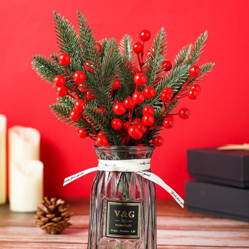 1PC Artificial Pine Leaves Branches with 8PCS Artificial Red Berry Stems Christmas Artificial Pine Branches Green Plants Pine Needles for DIY Christmas Garland Wreath Gift Decoration