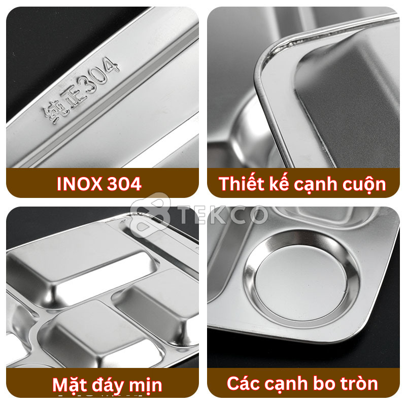 Khay Cơm Phần 5 Ngăn Inox 304 Đựng Thức Ăn - Khay Đựng Cơm Chia Phần 5 Ngăn