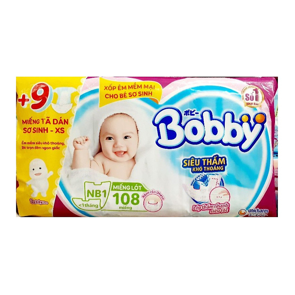 (CỘNG 9 MIẾNG) Miếng lót sơ sinh Bobby Newborn NB1 108 miếng (cho bé dưới 1 tháng <6kg)