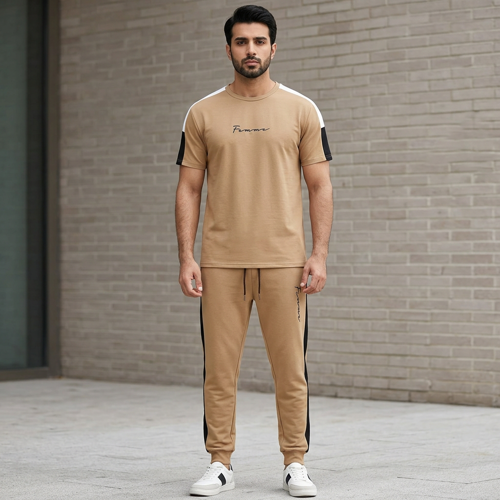 Summer Striped Tracksuit for Men Cotton Fabric Luxury Casual Style Trendy Design Brown