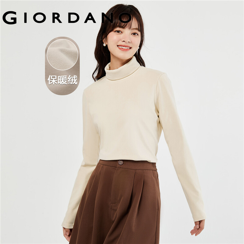 Giordano women t-shirts warm fleece high neck long sleeve simple basic tee solid color fashion casual stretch tshirts 05323820