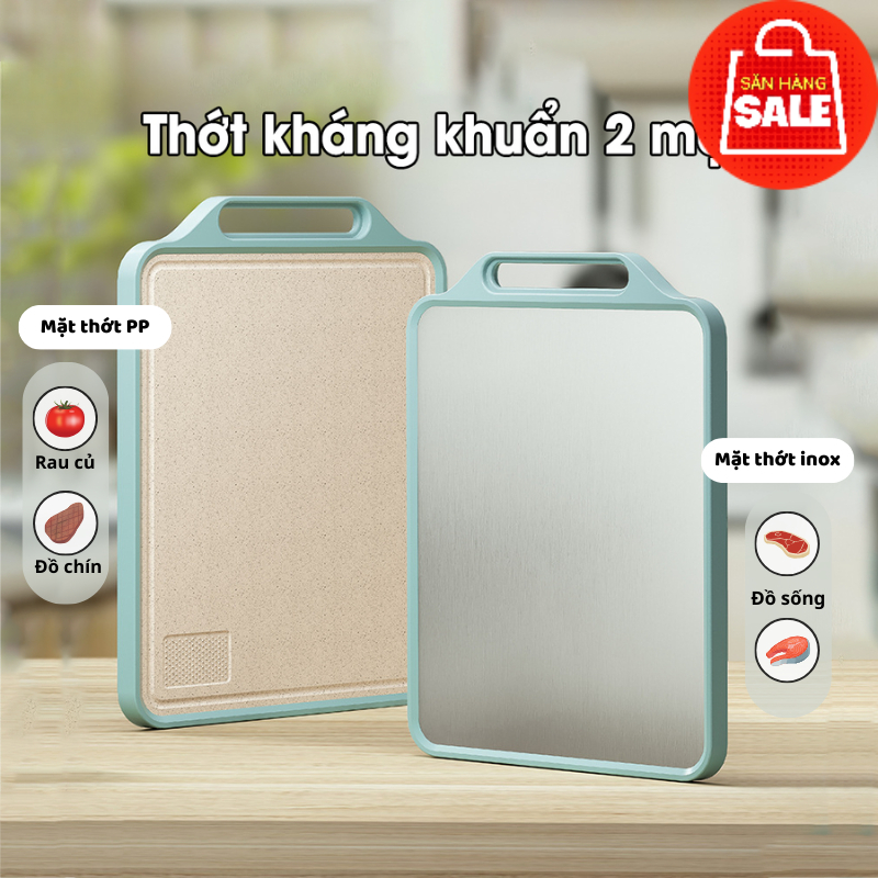 Thớt kháng khuẩn 2 mặt cao cấp thớt inox 304 nhựa pp chống mốc 1 mặt inox và 1 mặt nhựa abs kháng khuẩn