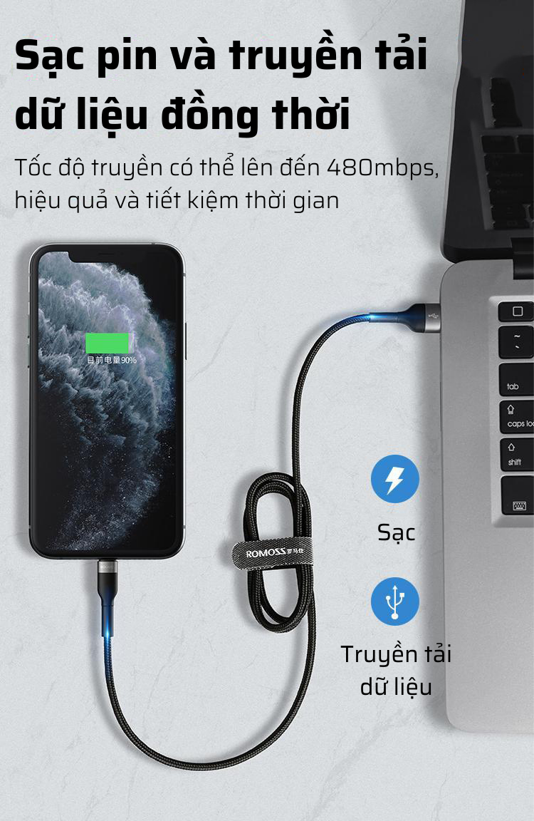 Cáp sạc nhanh Romoss, cáp sạc nhanh CB12B cổng Micro USB to Lighting
