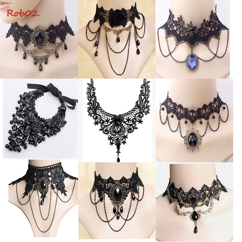 1 PCS Black Lace Necklace Chokers Vintage Style Female Gothic Wedding Red  Rose Crystal Diamond Pendant Collarbone Necklace Chain Accessories for  Women Girls(10 Style)