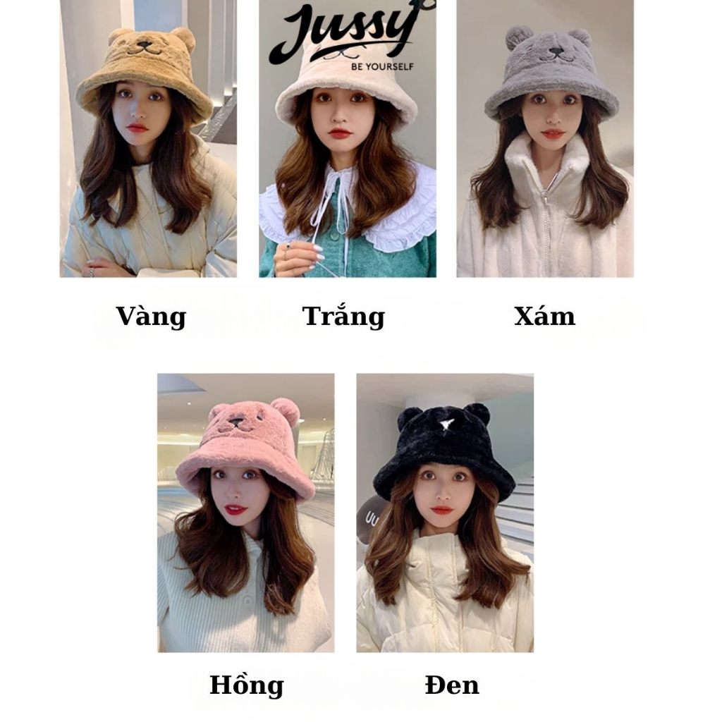 Mũ bucket lông hình mặt gấu jml07 jussy official mũ len lông bông mịn ấm áp nhiều màu hot trend