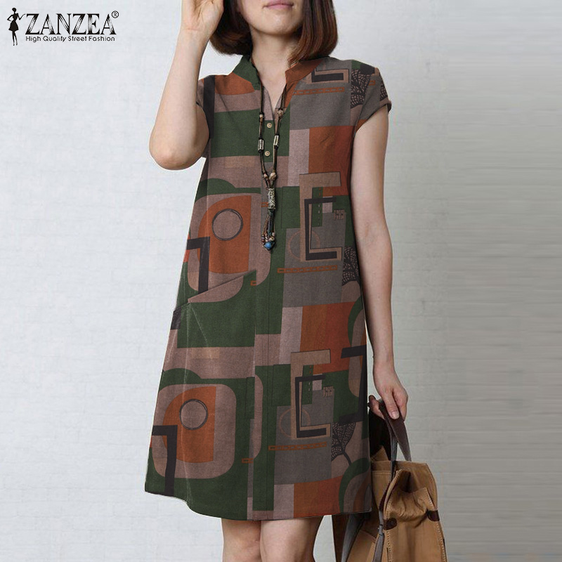 ZANZEA Women's Dresses Vintage V-Neck Short Sleeve Side Pockets Printed Cotton Linen Casual A-Line Dress#7
