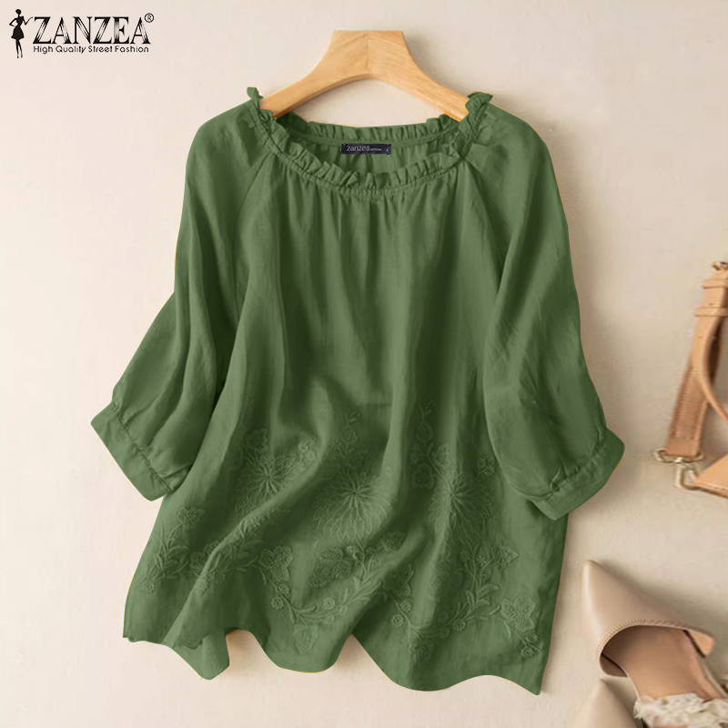 ZANZEA Women's Blouse Summer Casual Puff Sleeve Embroidery A-Line Vintage Fashion Top Pullover #2