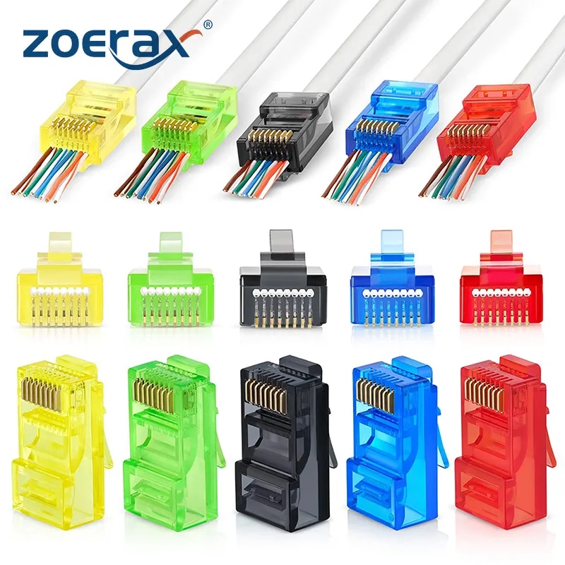 Zoerax RJ45 Cat6 Pass Through Connectors, Assorted Colors, EZ To Crimp Modular Plug For Solid Or Stranded UTP Network