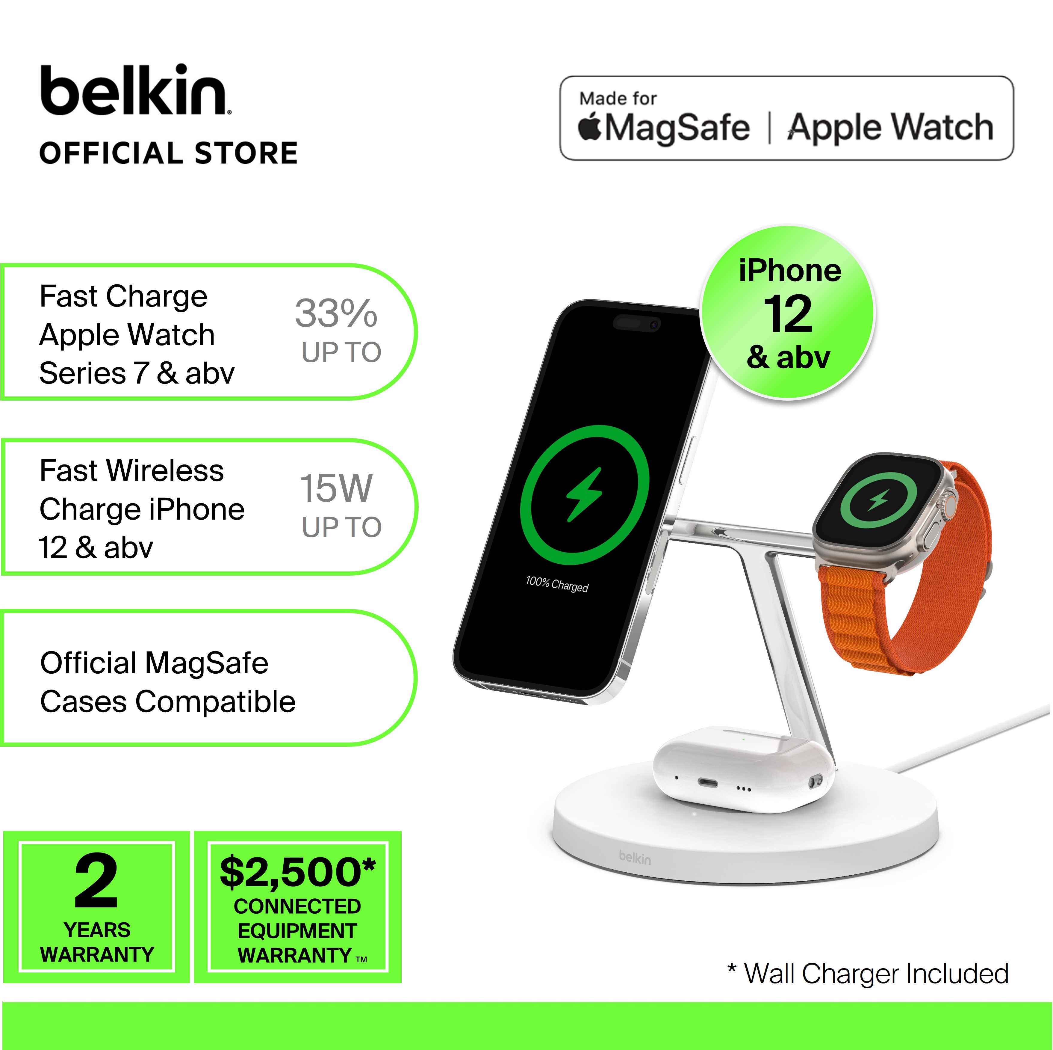 Belkin MagSafe 3-in-1 Wireless Charging Pad Fast Wireless Charging for Apple Watch, iPhone 15, 14, 13 ＆ 12 Series, ＆ AirPods Charging Station fo