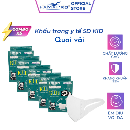 Combo 5 hộp khẩu trang y tế trẻ em kháng khuẩn 3 lớp Famapro 5D KID QUAI VẢI (10 cái Hộp Túi)