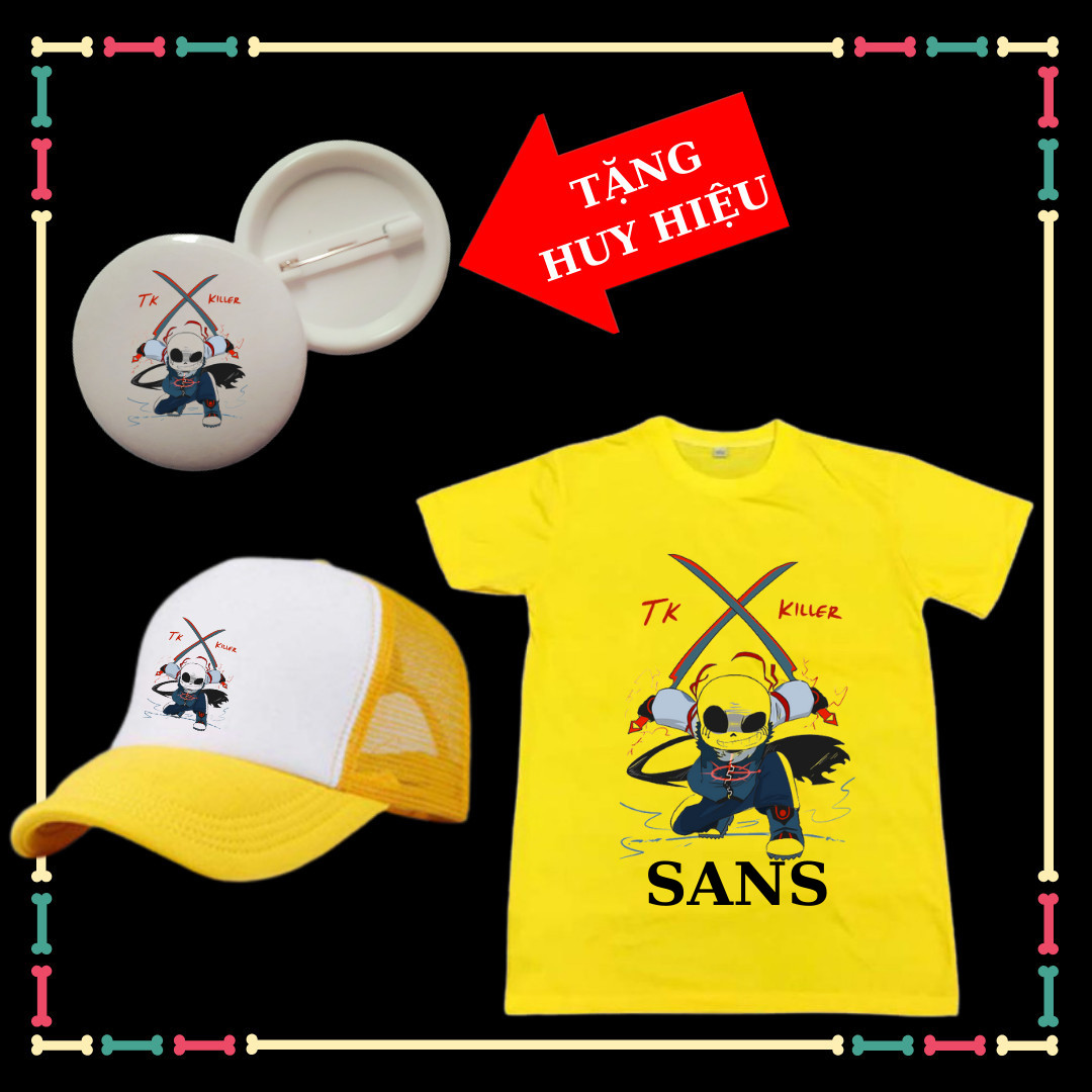 Áo thun mũ nón hình bé sans undertable áo biệt đội gangster cho bé trai tặng huy hiệu sans cho bé
