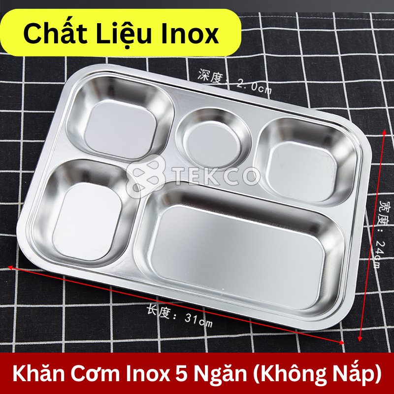 Khay cơm phần 5 ngăn inox 304 đựng thức ăn - khay đựng cơm chia phần 5 ngăn