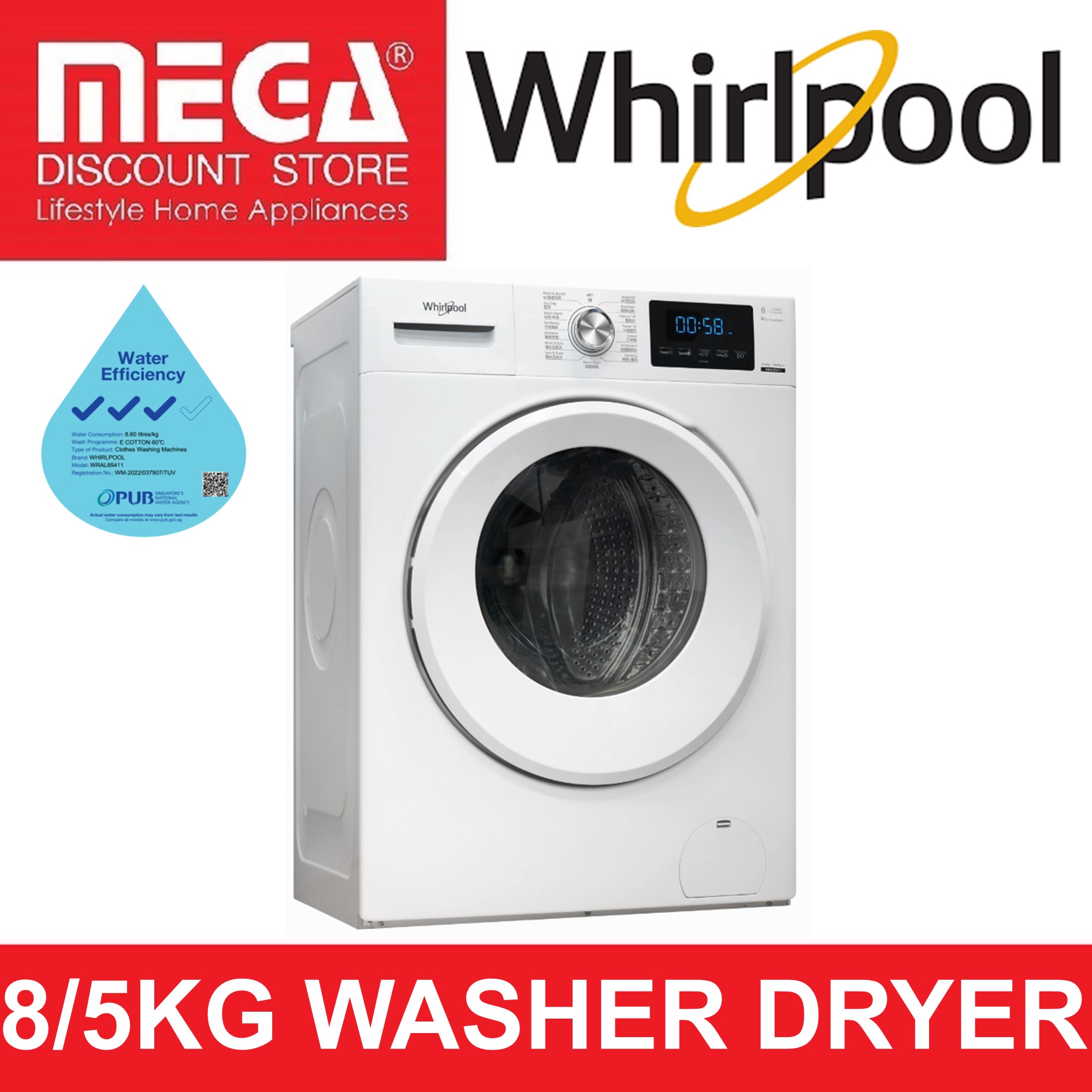 WHIRLPOOL WRAL85411 8/5KG WASHER DRYER (3 TICKS) Lazada Singapore