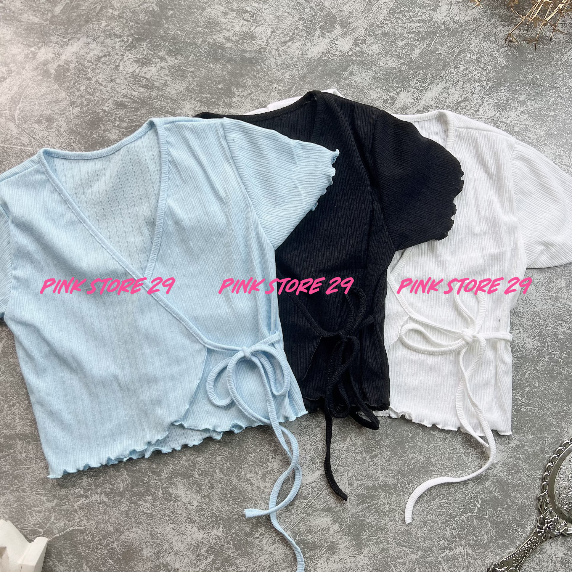Áo croptop thun gân đắp chéo cột eo A5045