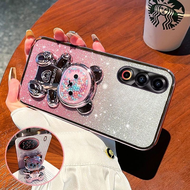Phone cover Meizu 21 Pro 21 Note 20 Pro Back case with Gradient 3D Bear Folding Stand Bracket Luxury Slim 6D Plating Glitter Girls for Meizu 20 Pro Meizu 21 Note Pro Back Cover. 