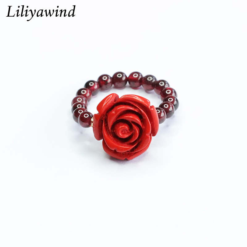 Liliyawind women elegant cinnabar rose flower red garnet beaded ring