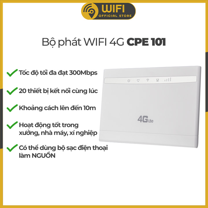 Bộ Phát Wifi 4G CPE 101 CPE101 cắm điện trực tiếp tốc độ 300Mbps và upload tối đa 50Mbps giá rẻ phù hợp dùng cho gia đình, camera, oto