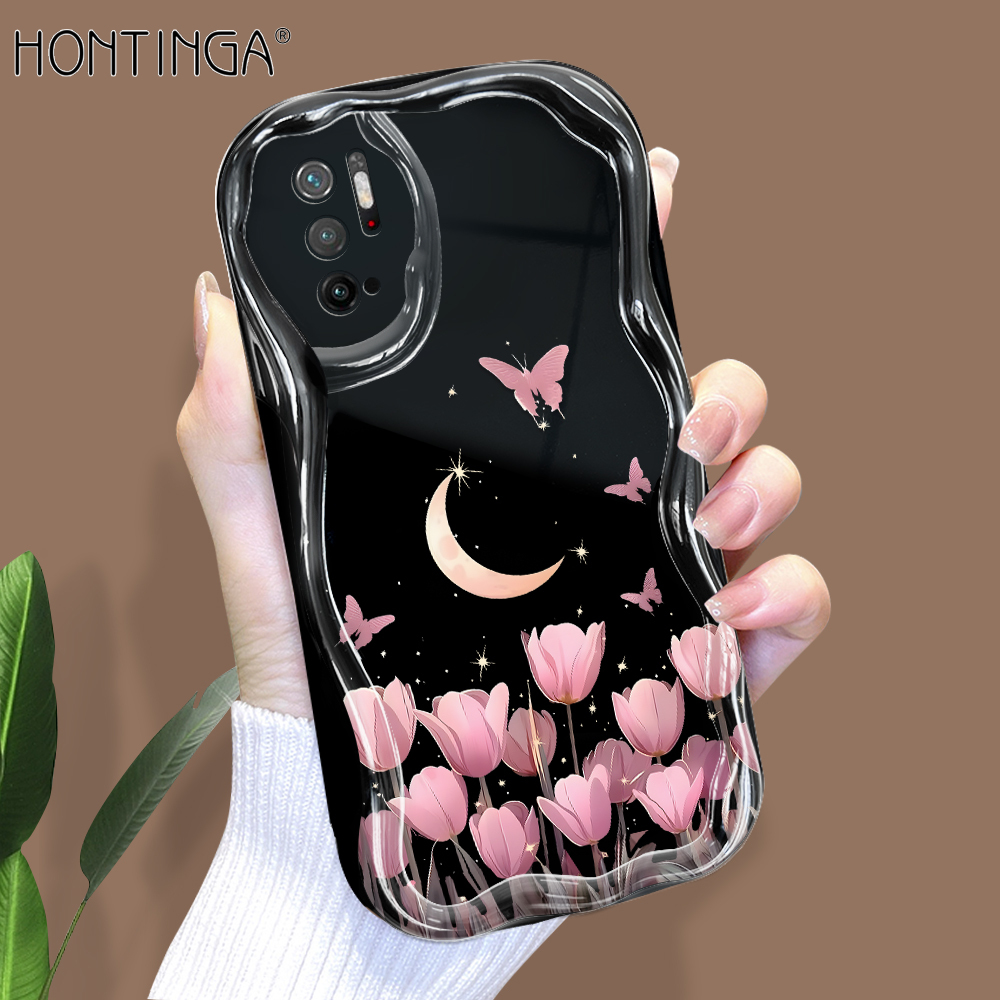 Hontinga for Redmi Note 10 5G Xiaomi Poco M3 Pro 4G Back Cover Tulip Butterfly Phone Case Texture Wavy Edge Soft Mobile Cover. 